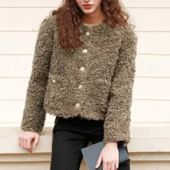 Brown Teddy faux fur Button Down with Pockets  Jacket Coat - Picture 2 of 7